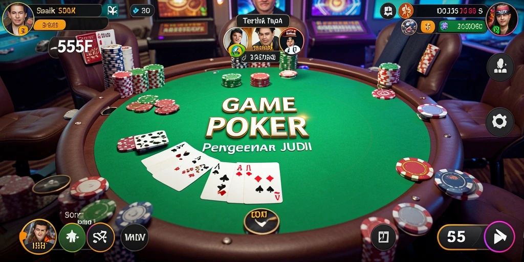 Screenshot gameplay poker 555F menampilkan aksi seru di meja poker.
