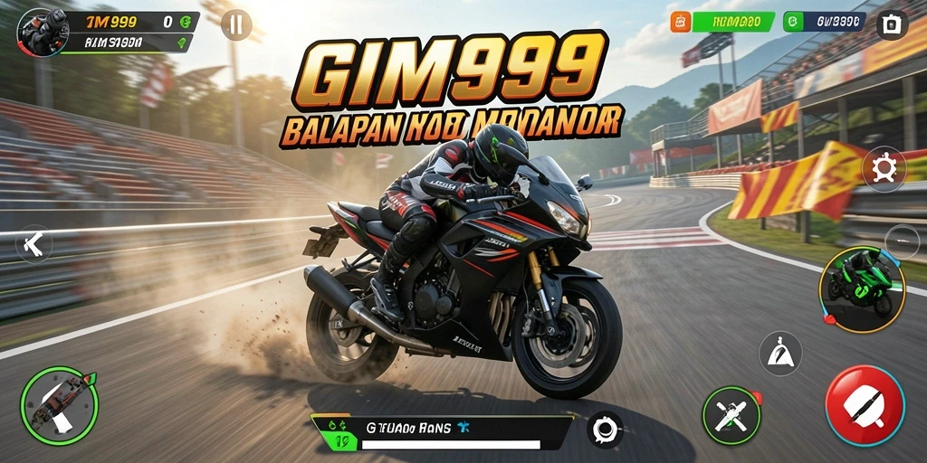 Screenshot gameplay GIM999 yang menunjukkan aksi balapan motor yang seru.