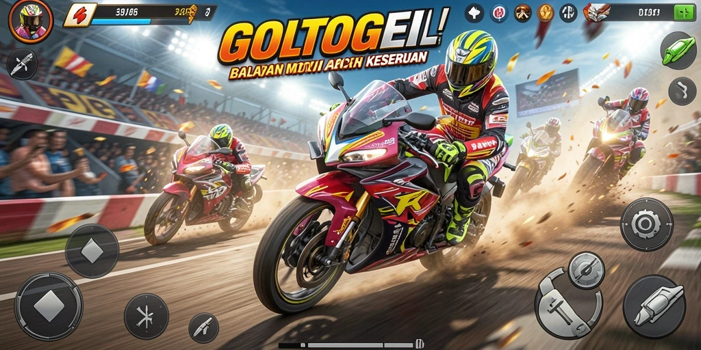 Tampilan gameplay <strong>GOLTOGEL</strong> yang mendebarkan dalam balapan motor yang cepat.