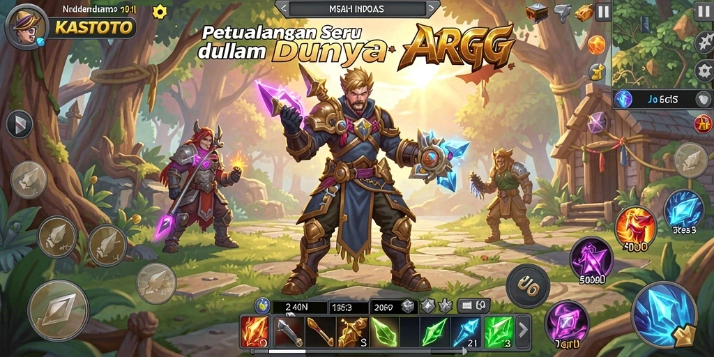 Tangkapan layar KASTOTO yang menampilkan pertarungan seru dan dunia yang indah.