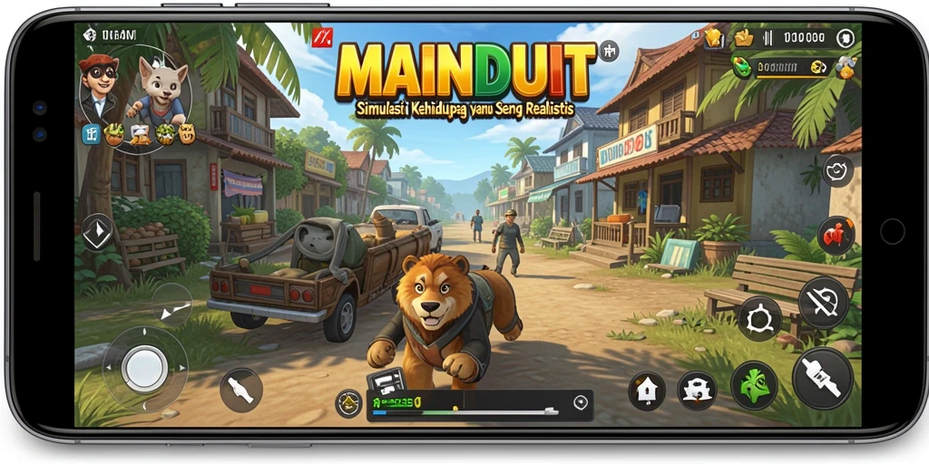 Tampilan gameplay <strong>MAINDUIT</strong> dengan simulasi kehidupan yang mendalam.