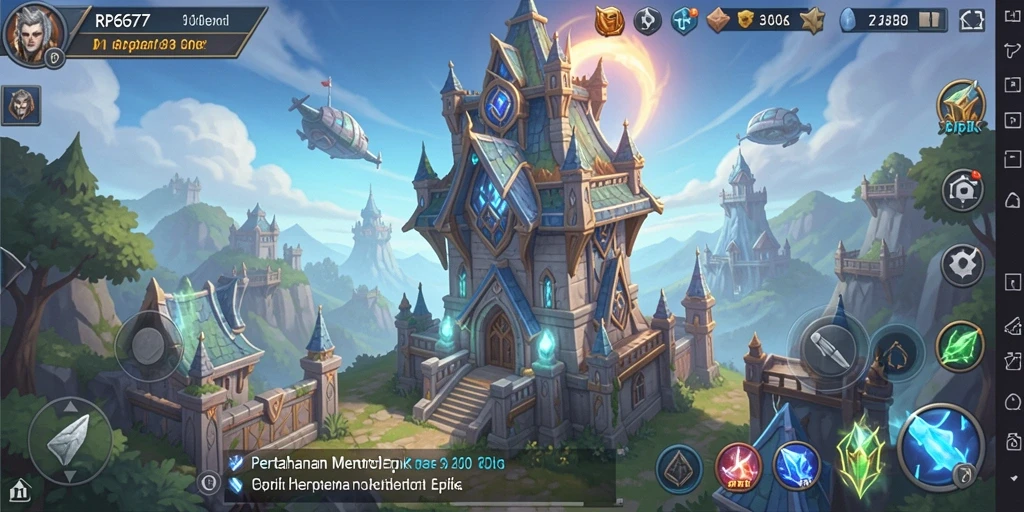 Gameplay RP6677 menampilkan menara bertahan melawan gelombang musuh.
