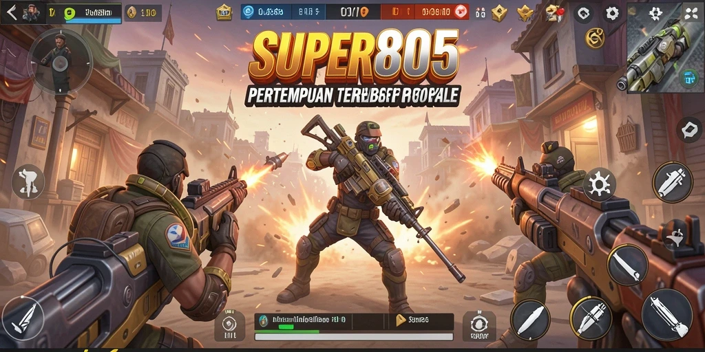 Screenshot utama <strong>SUPER805</strong> menunjukkan aksi pertempuran Battle Royale yang mendebarkan.